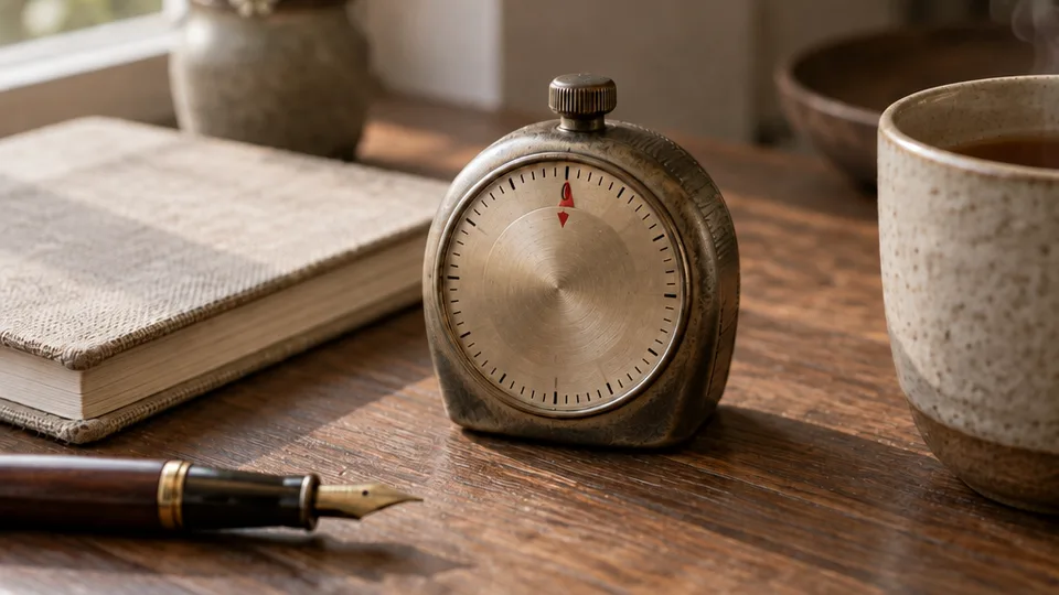 A mechanical twist timer on a wooden desk beside a closed notebook, a pen and a cup of tea, lit softly from a window.