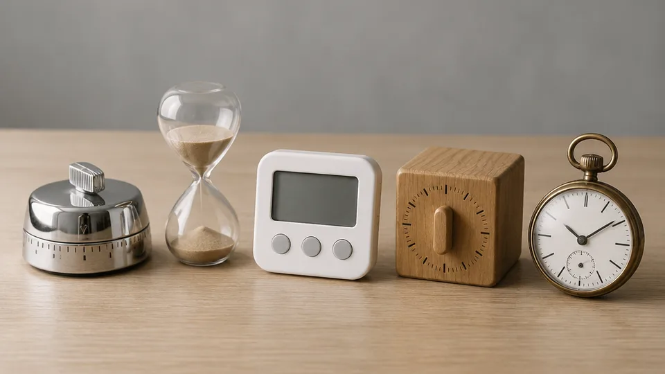 Row of five physical timers, including a twist timer, an hourglass, and a brass pocket watch, lined up on a pale oak tabletop in soft studio light.