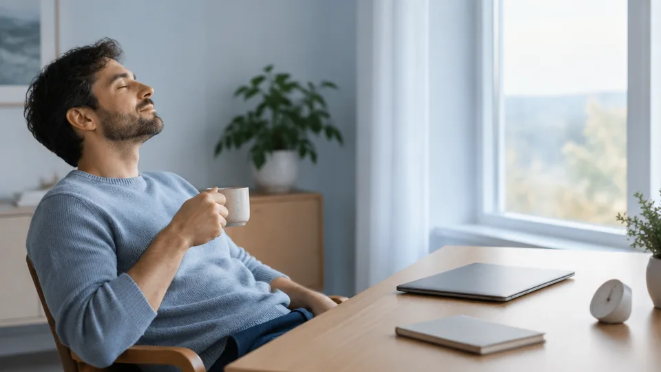 Man leaning back with eyes closed holding a cup of tea beside a closed laptop and a small analog timer, with a bright window in a minimal home office.
