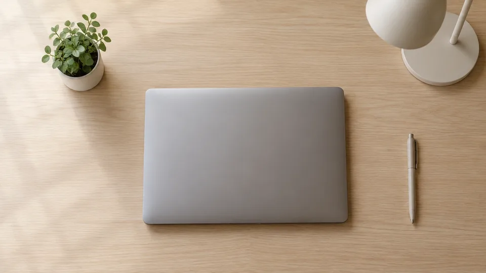 Overhead view of a minimalist desk with a closed laptop, a small lamp, a single pen, and a tiny plant, surrounded by wide empty pale wood surface.