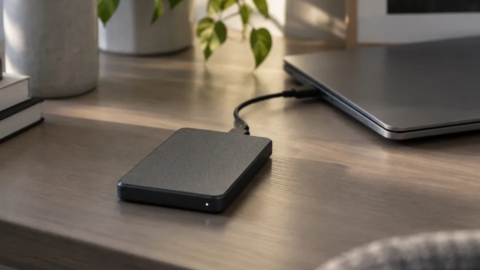 A compact portable external hard drive connected by a short cable to a closed laptop on a desk, positioned to run backups on its own.