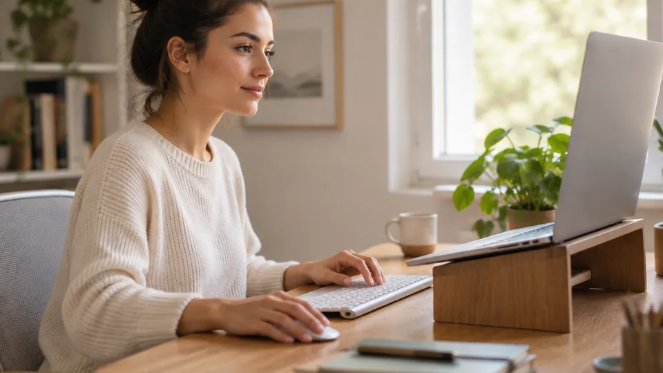 Woman seated upright at a desk with a laptop raised on a wooden stand to eye level, ears aligned over her shoulders, hands resting on an external keyboard and mouse at desk height.
