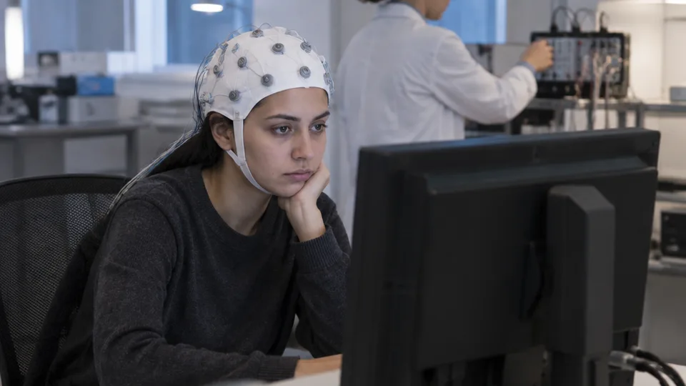 A volunteer wearing a white EEG cap with thin electrode leads sits facing a monitor turned away from the camera while a researcher adjusts a cart of recording equipment in a quiet research lab.