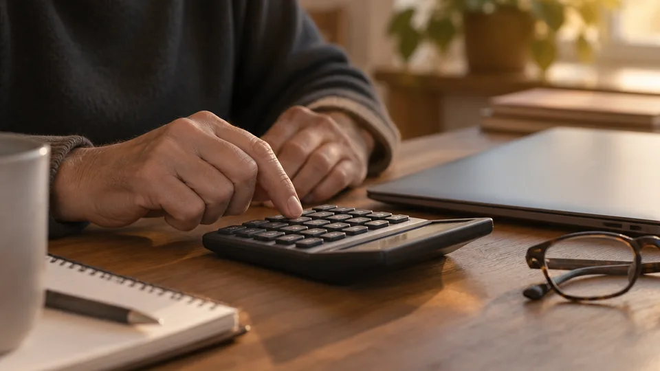 Hands pressing keys on a slim calculator on a wooden desk beside a closed laptop seen from behind, reading glasses resting nearby, in warm side light.