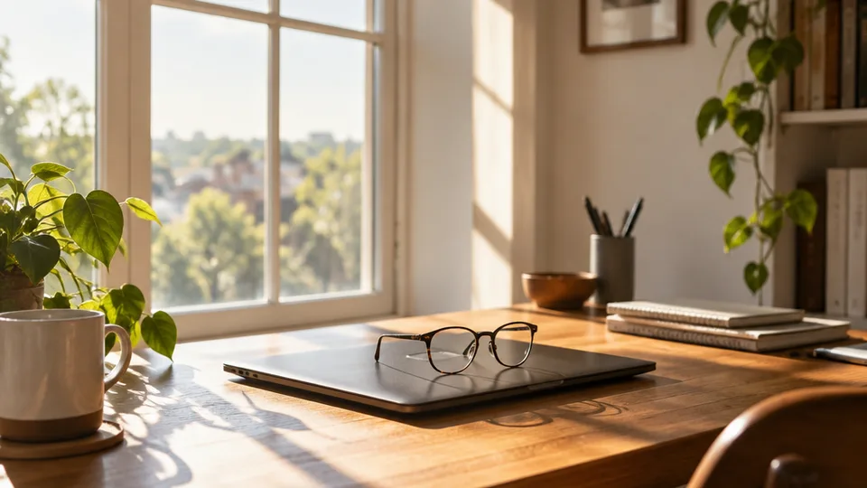 Bright daylight from a tall window floods a wooden desk where a closed laptop and a pair of plain eyeglasses rest, the sunlit room far brighter than the small dark device.