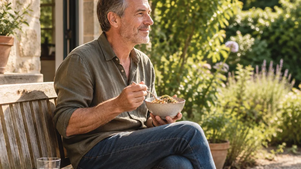 Man seated on a wooden bench outside a back door eating from a ceramic bowl in warm midday sun, bread and water beside him, leafy garden blurred behind.