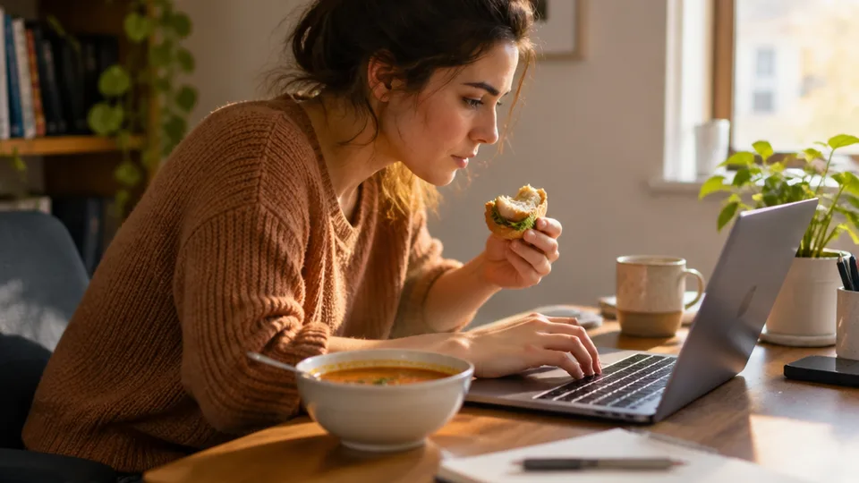 A person eats a sandwich one-handed while typing at a home desk, laptop hinge turned toward the camera, soup cooling beside the keyboard.