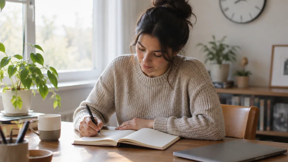 Focused writer working longhand at a wooden desk by a bright window, a closed laptop beside her and an analog wall clock softly blurred on the wall behind.