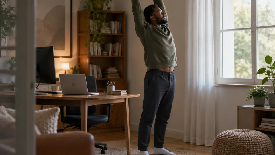 A man stands beside his desk stretching both arms overhead toward a bright window while his MacBook and external monitor face away from the camera.