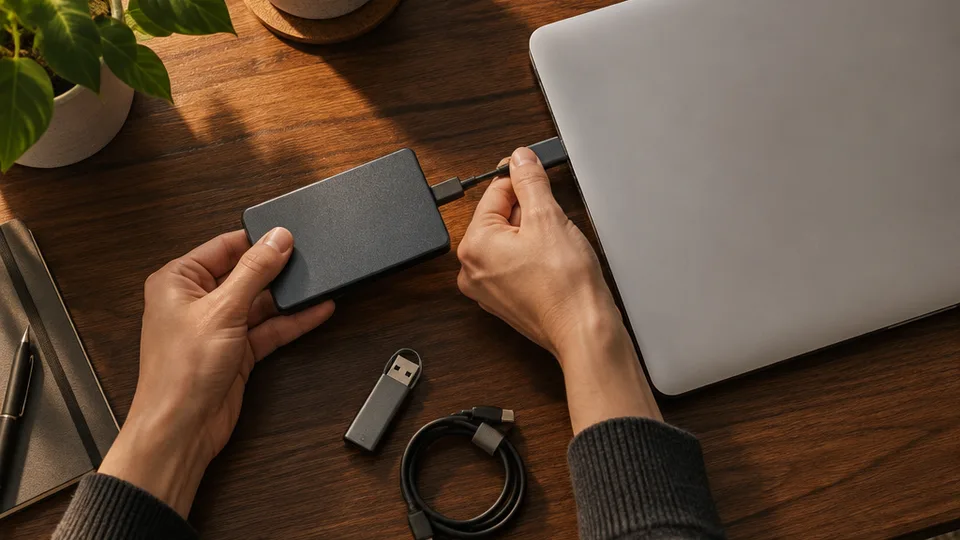Overhead view of hands plugging a portable SSD into a closed silver laptop on a walnut desk, with a spare USB drive and a coiled cable beside it.