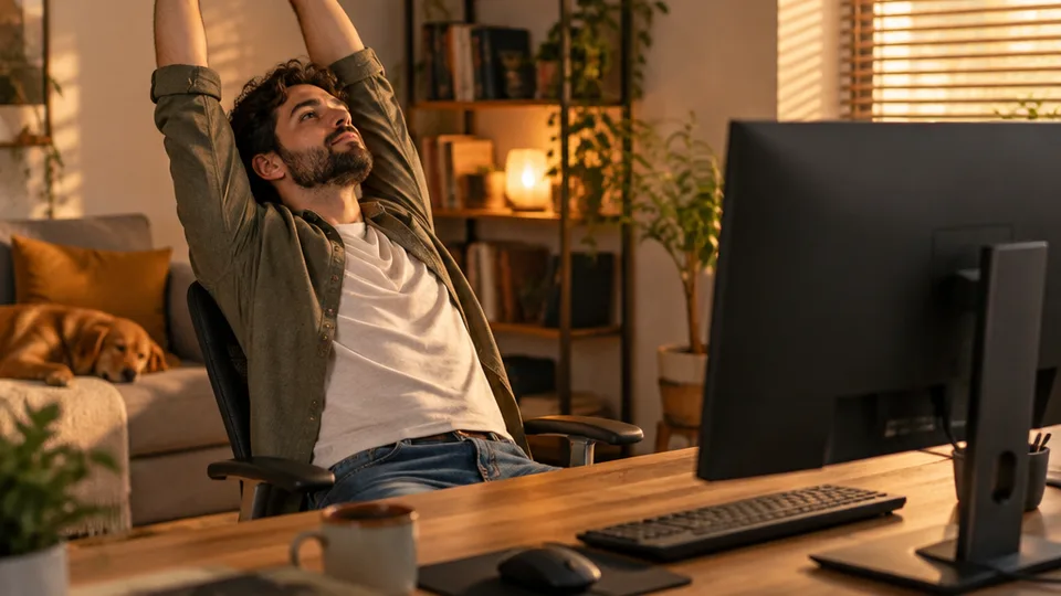 A developer leans back from the desk with arms stretched overhead during an enforced break, the back panel of the monitor facing the camera.