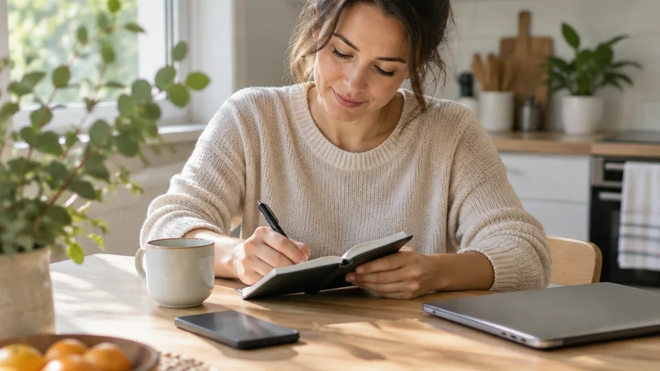 Adult at a bright kitchen table writing in a pocket notebook angled away from view, a closed laptop and a phone lying face down beside a ceramic mug.
