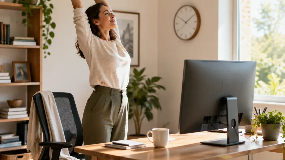 Desk worker standing beside a rolled-back chair stretching both arms overhead, gaze lifted toward a window, the monitor showing only its plain back to the camera.