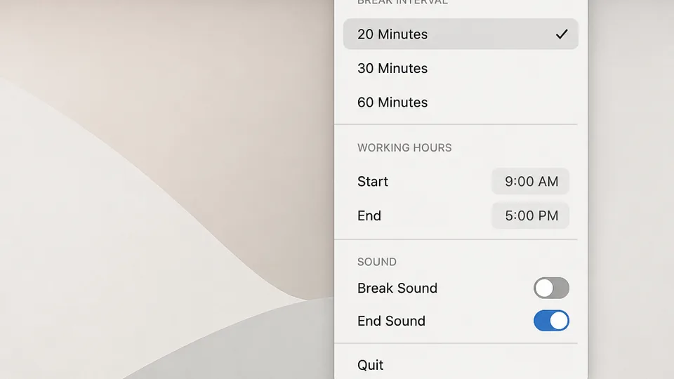 A clean macOS menu bar dropdown showing simple interval options, demonstrating a native menu bar utility with minimal clutter