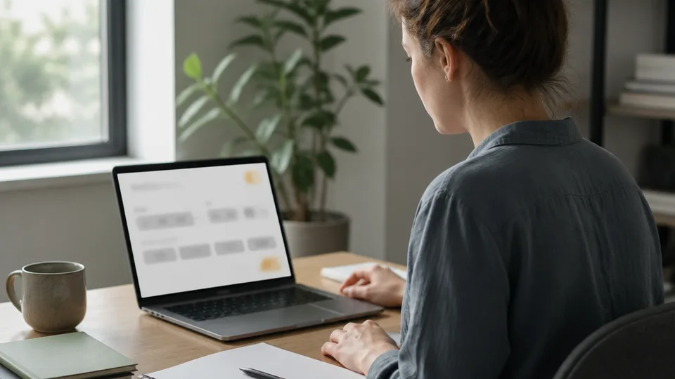 A knowledge worker reviewing a simple onscreen time interval selector, calm posture, organized desk with notebook and coffee