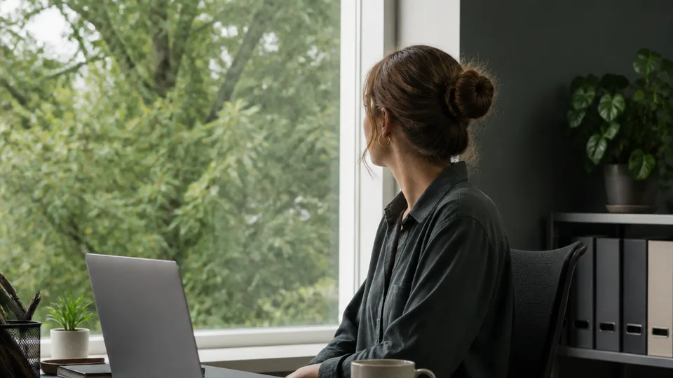 A person at their desk turning to look out a window at green trees and natural light, a brief restorative moment away from the laptop screen