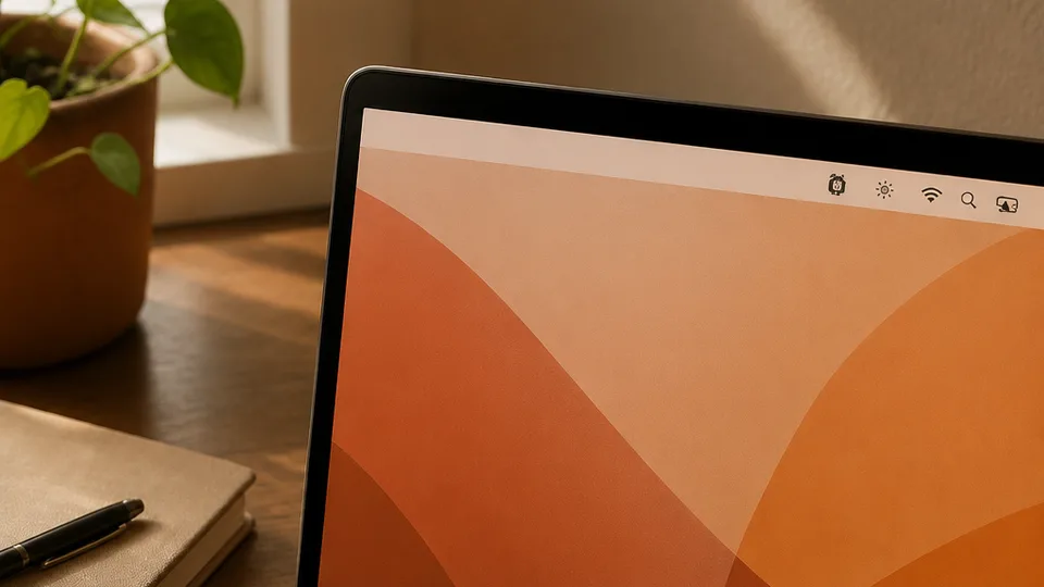 Close up of a macOS menu bar on a laptop screen with a small timer icon visible, representing a lightweight break reminder app running unobtrusively in the background