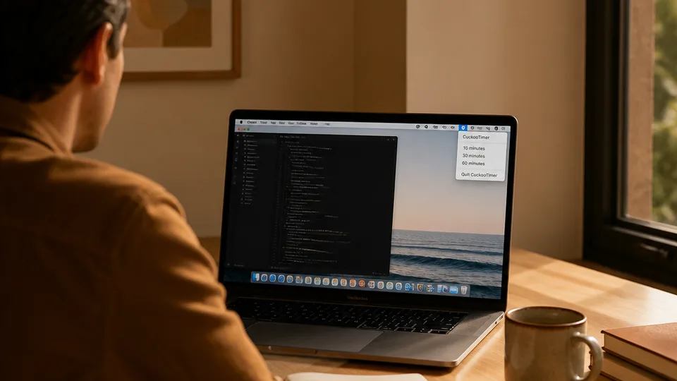 A person working at their Mac with the CuckooTimer app visible in the menu bar, warm afternoon light on the desk