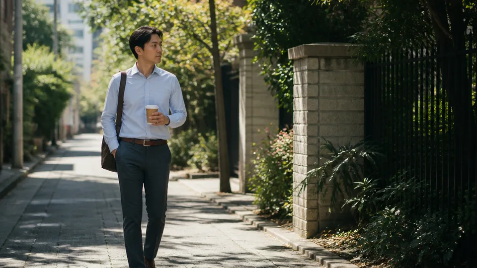 An office worker steps outside at midday for a walk along an unfamiliar leafy street, turning a coffee break into a distinct memory marker.