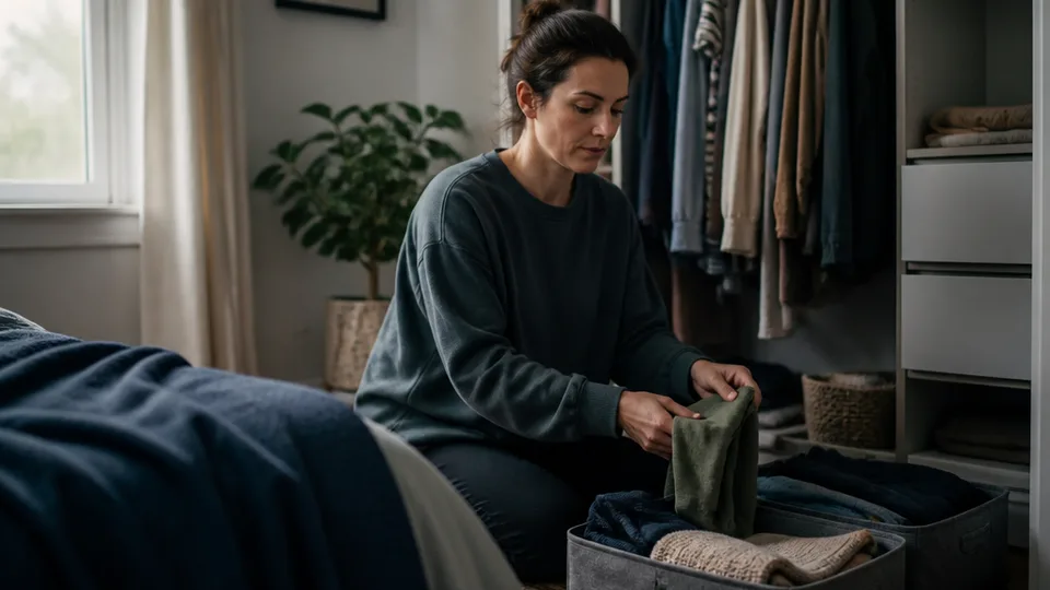 An editorial photograph of a calm, practical organization routine in a comfortable home, centered on one person.
