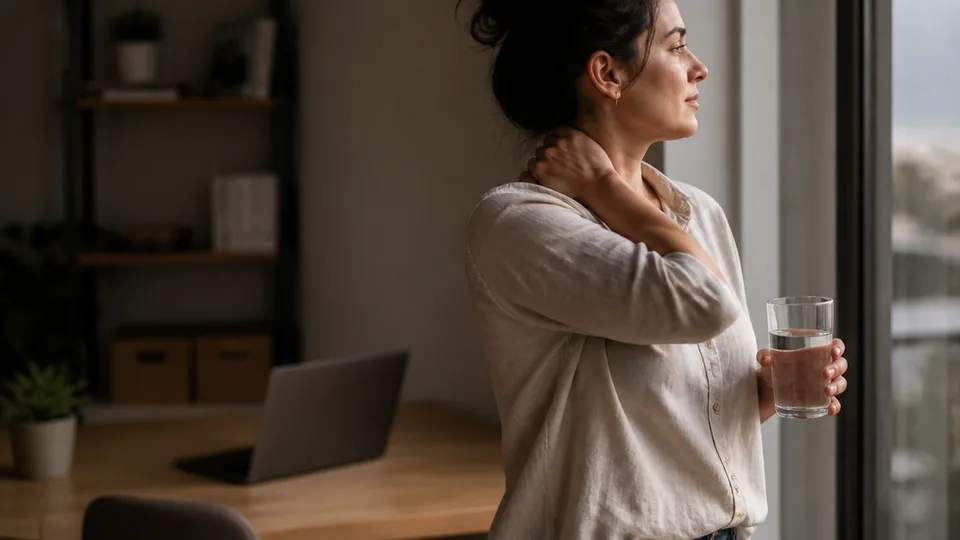 A worker stands beside a desk, stretching a shoulder and holding water while looking away from an out of focus laptop.