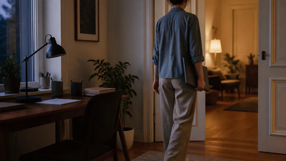 Worker closes a laptop and leaves a home workspace through an open doorway at dusk.