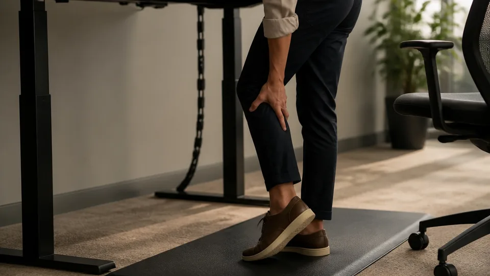 Standing desk worker shifts weight and rubs a tired calf beside a chair and anti-fatigue mat.