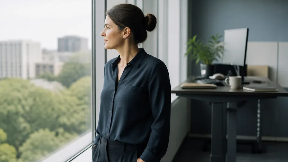 Desk worker looks through a window at the distance while the raised workstation remains behind them.