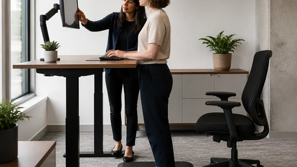 Ergonomics specialist adjusts a monitor while an office worker tests keyboard height at a standing desk.