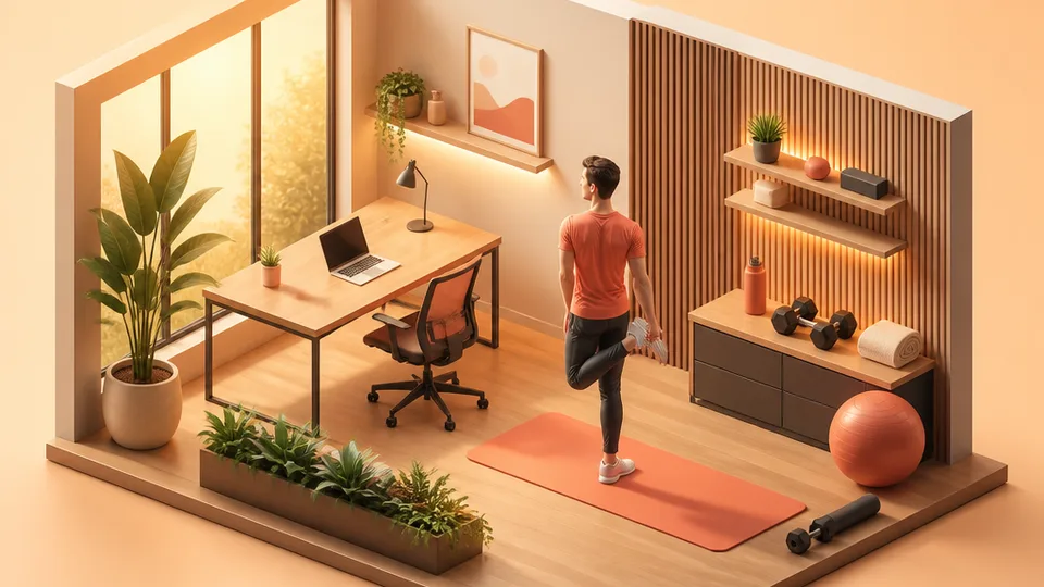 Isometric illustration of someone standing up from their desk at the 60-minute mark, stretching shoulders and looking out a window