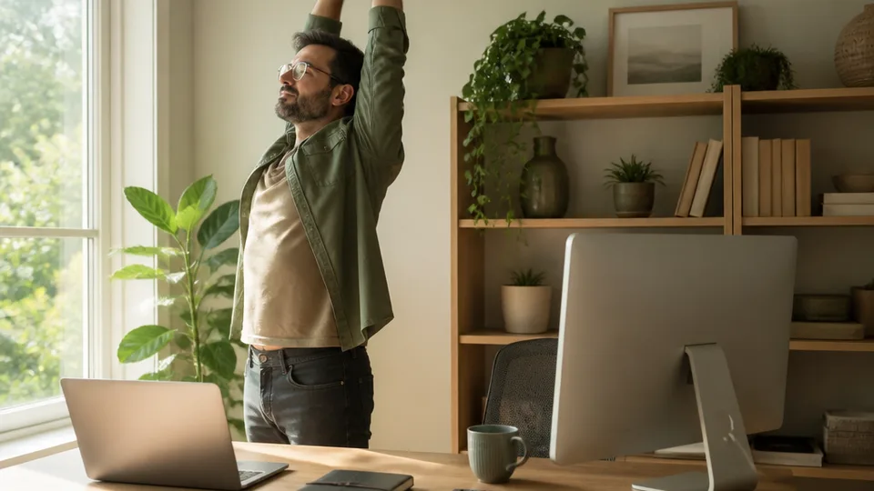 Remote professional stretching beside a home office desk with a laptop, desktop computer, closed planner, and calculator.