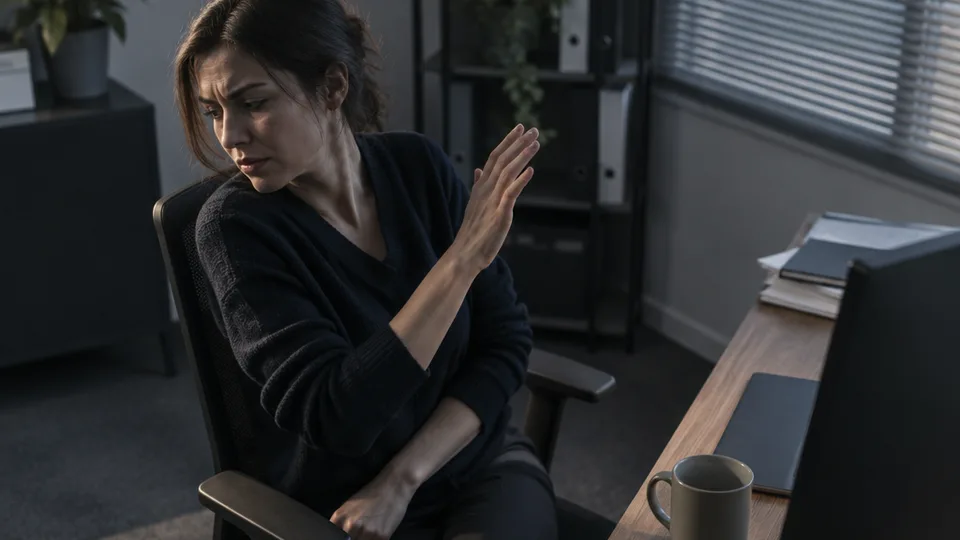 A woman in a desk chair turns her body sideways away from her monitor with one hand raised in a dismissive flick, the screen facing away from the camera, coffee mug pushed aside, late afternoon light through blinds.