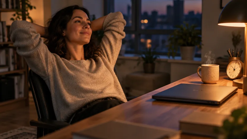 A person leans back relaxed in a chair beside a desk at dusk with a closed laptop, a small analog desk clock, and a steaming cup in warm lamplight.