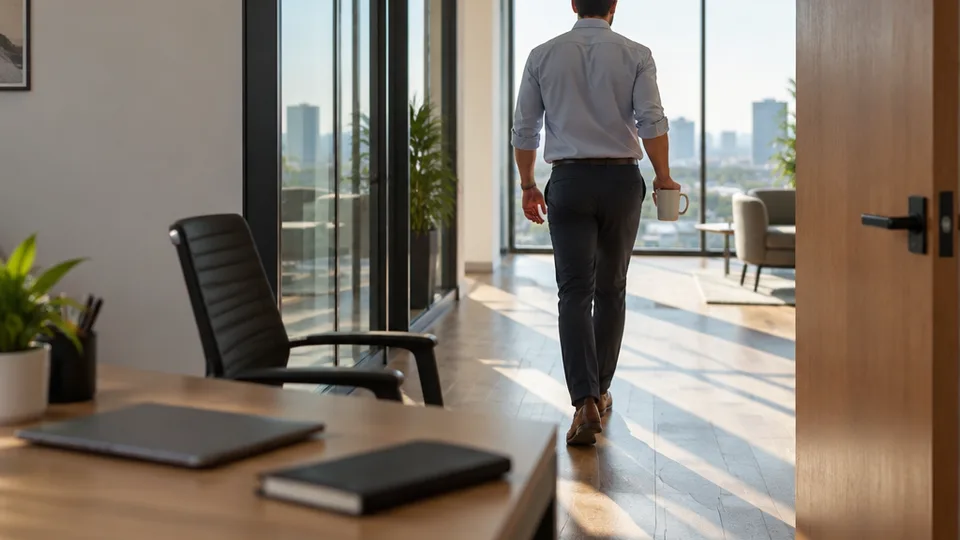 Seen from behind, a man walks away from his desk with a coffee mug toward a bright floor-to-ceiling window, his chair pushed back and laptop left closed during a break between meetings.