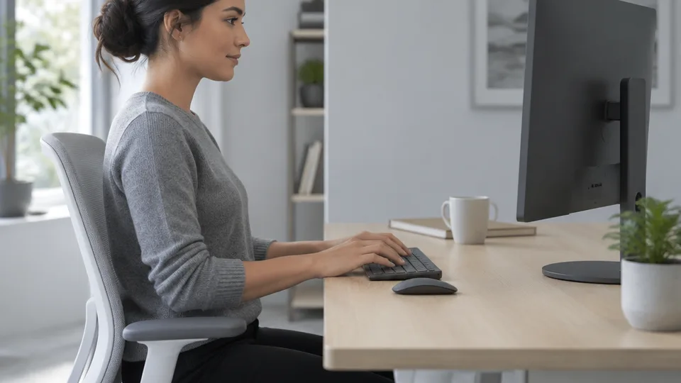 Side view of a woman typing at a low keyboard with straight neutral wrists, forearms parallel to the floor and elbows at her sides, the monitor back facing the camera.