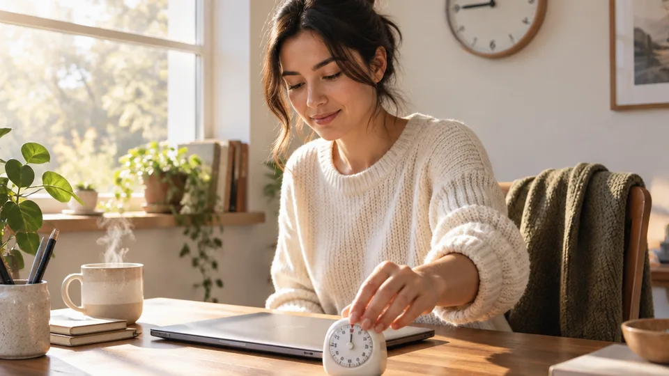 In warm morning light, a person places a small mechanical timer beside a closed laptop while an analog wall clock behind reads nine o'clock.