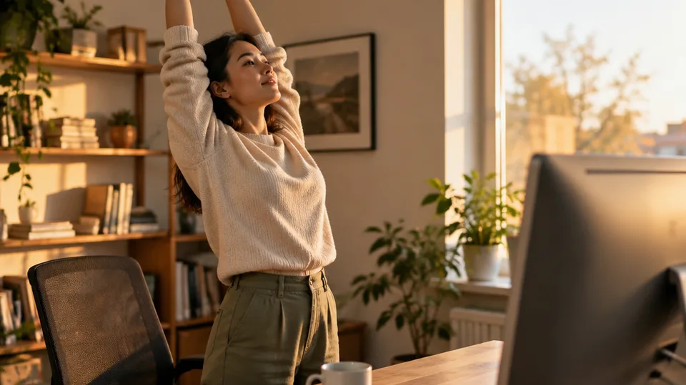 Person standing at their desk mid-stretch with arms raised, the monitor turned away and out of focus, warm afternoon light in a home office.
